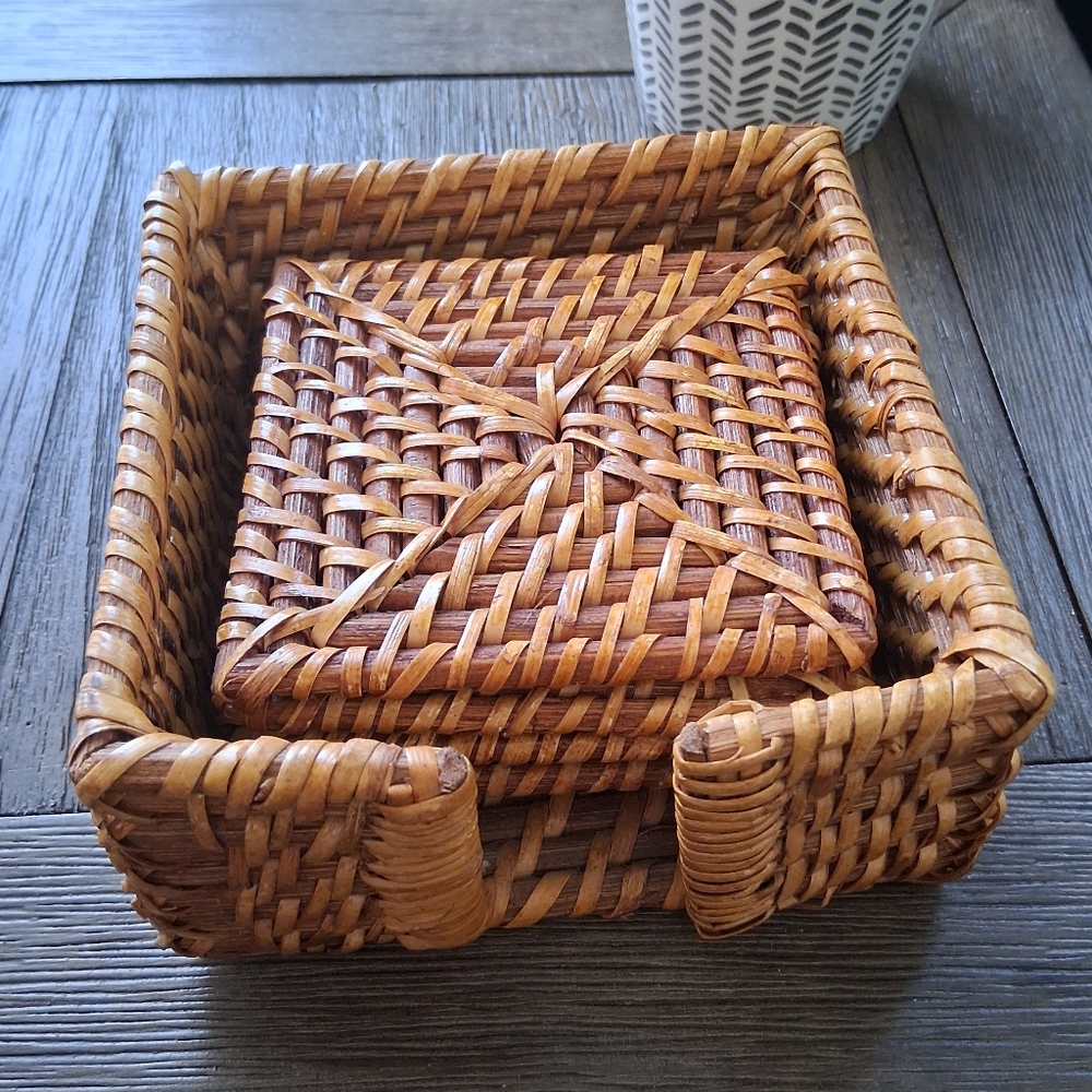 Bamboo Wicker Coaster Set Of 5 With Holder